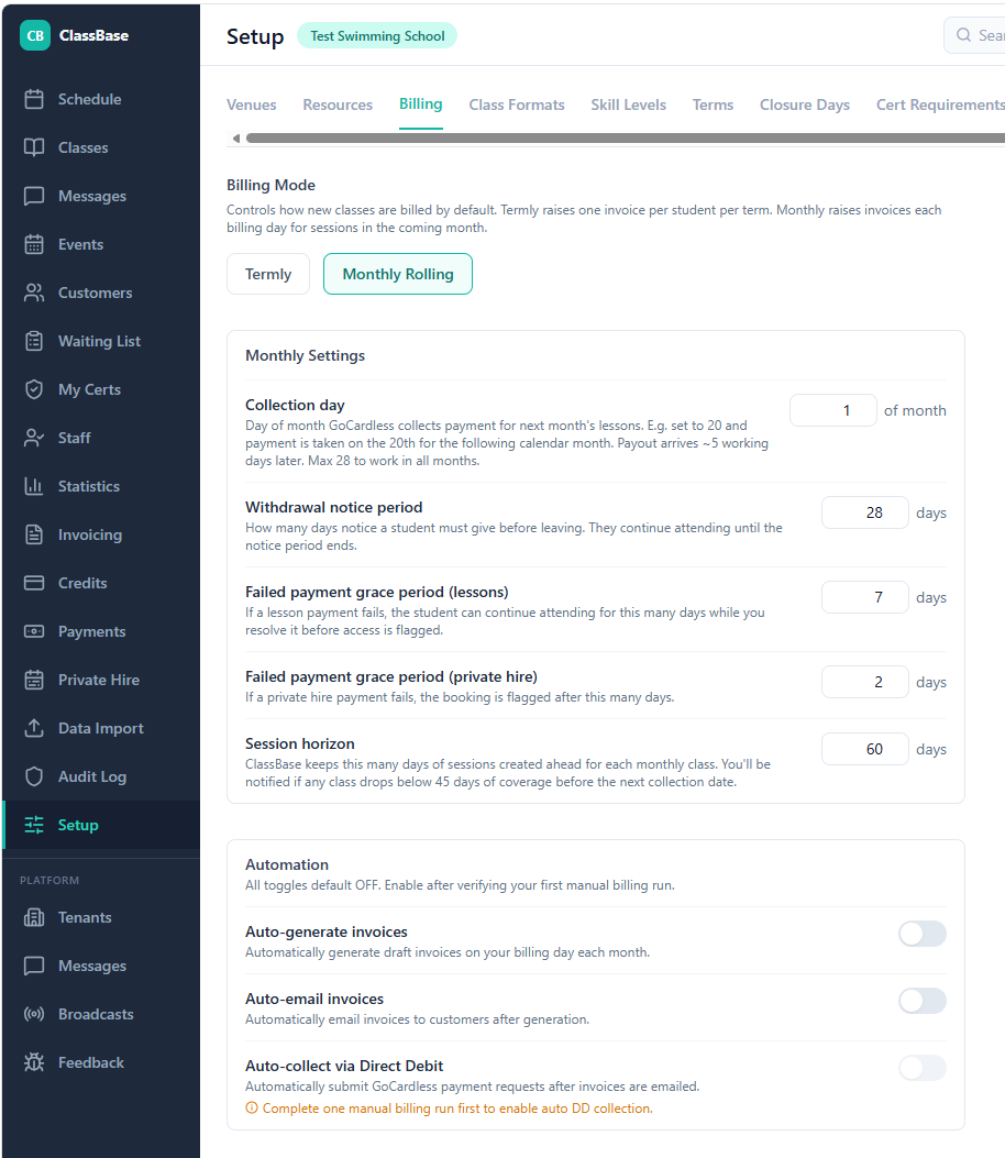 ClassBase billing options showing monthly rolling direct debit and termly invoicing side by side with GoCardless collection