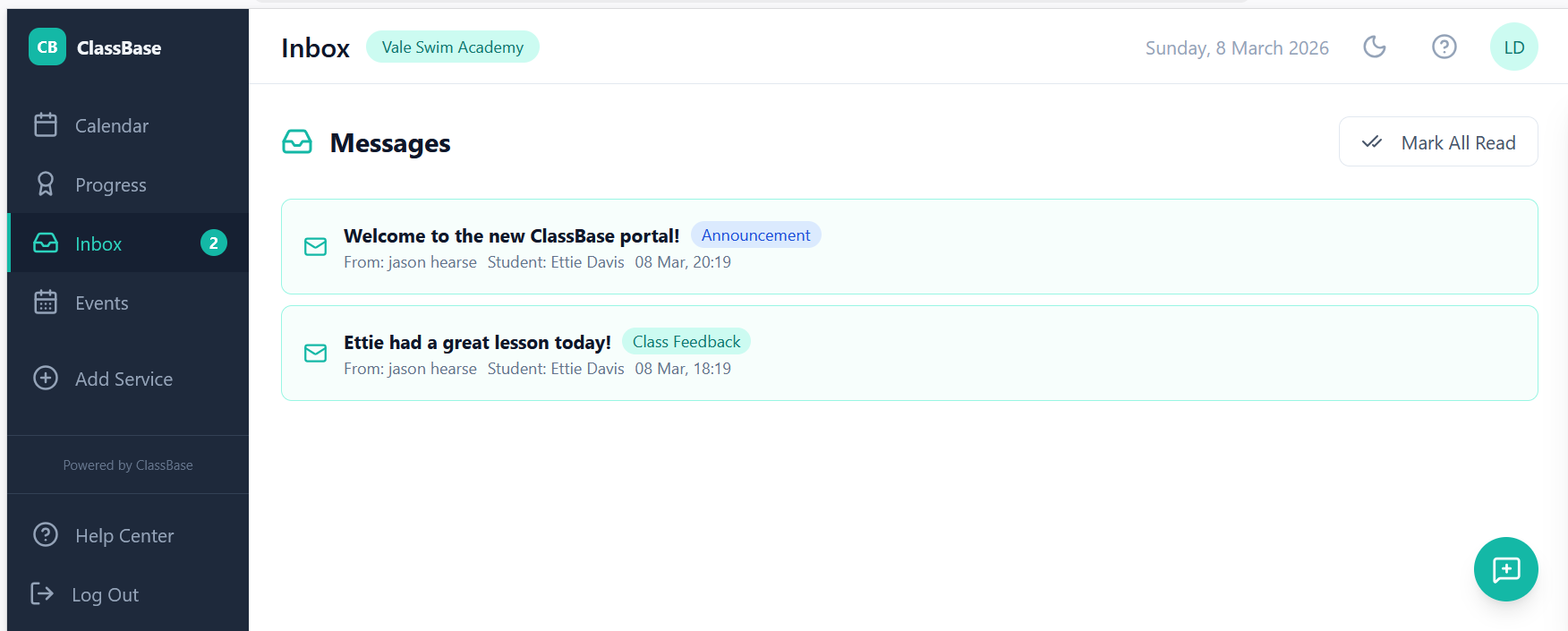 ClassBase parent portal showing inbox with unread messages, lesson feedback and announcements