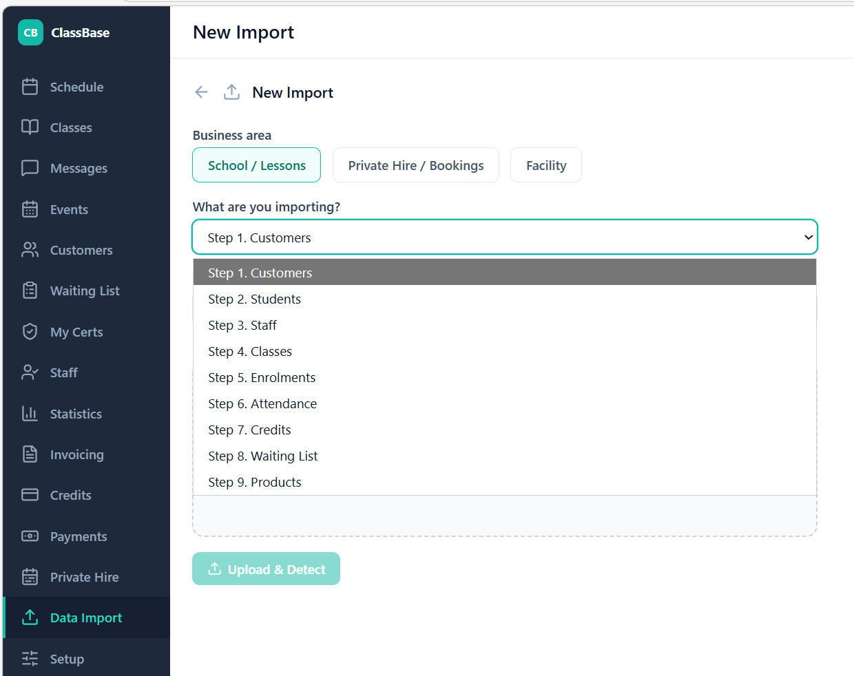 ClassBase data import wizard showing the 9-step SwimBiz migration sequence