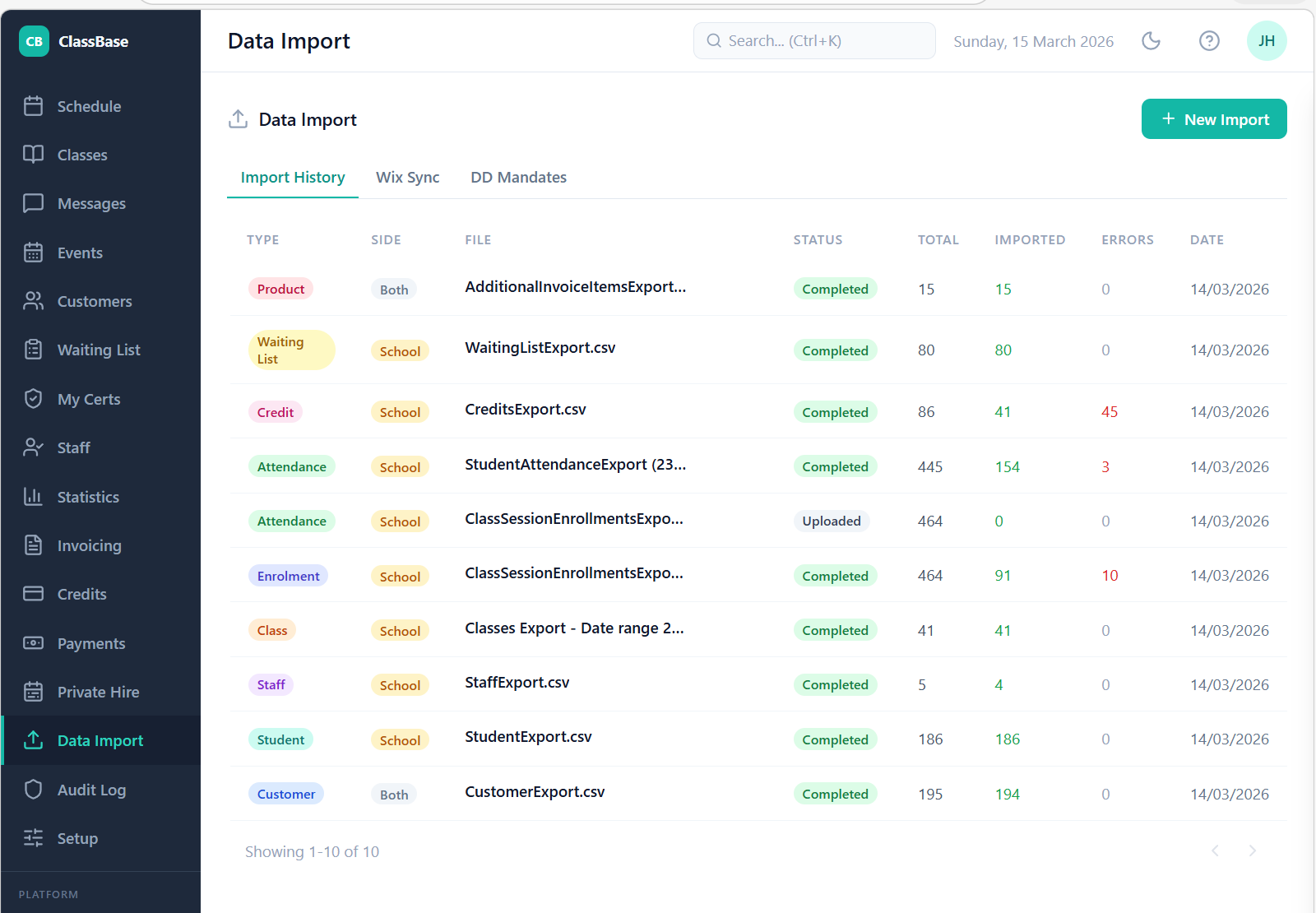 ClassBase import history showing all SwimBiz data files successfully imported