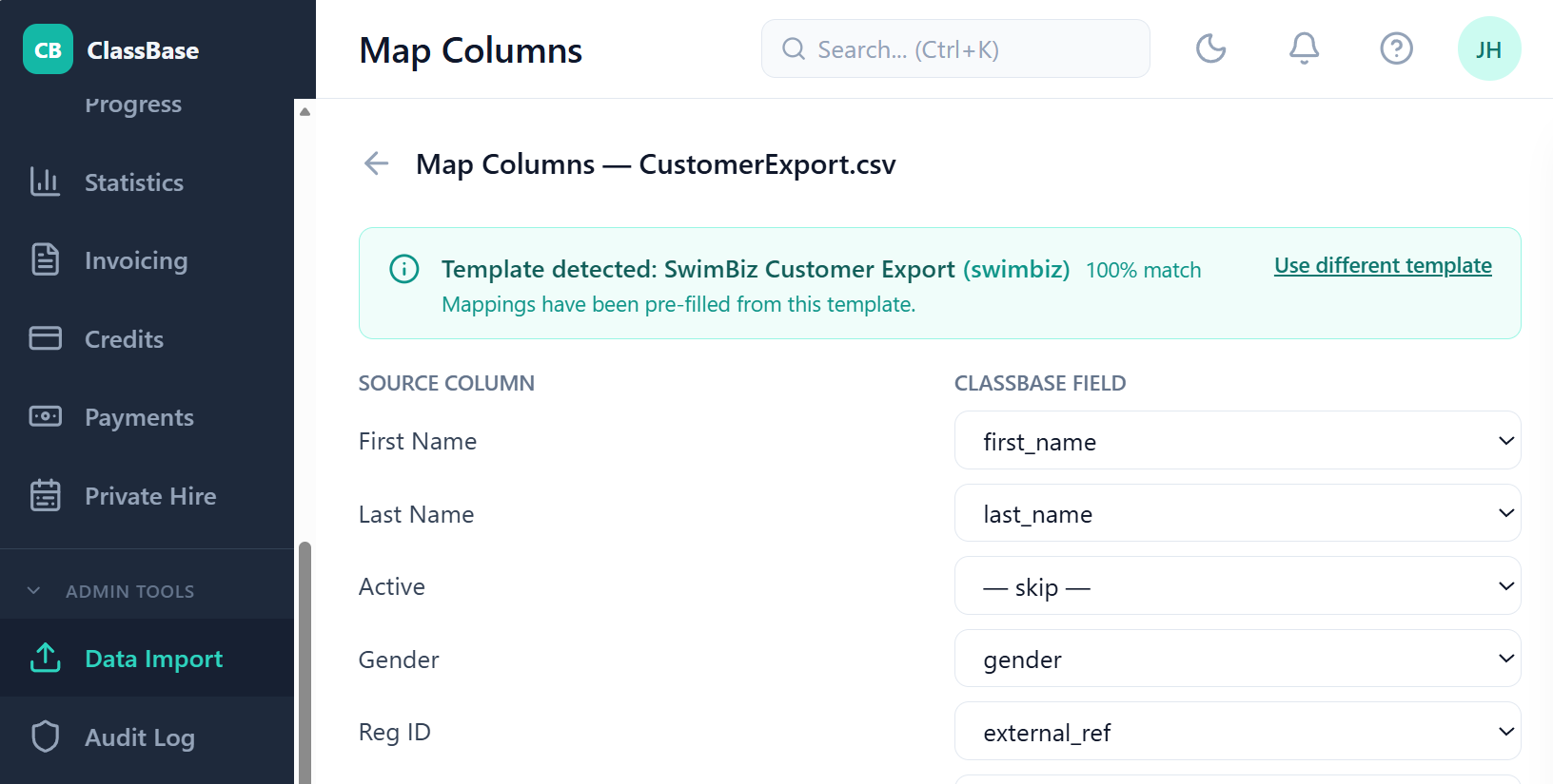 ClassBase data import wizard showing auto-detected SwimBiz customer export template with 100% column match and pre-filled field mappings