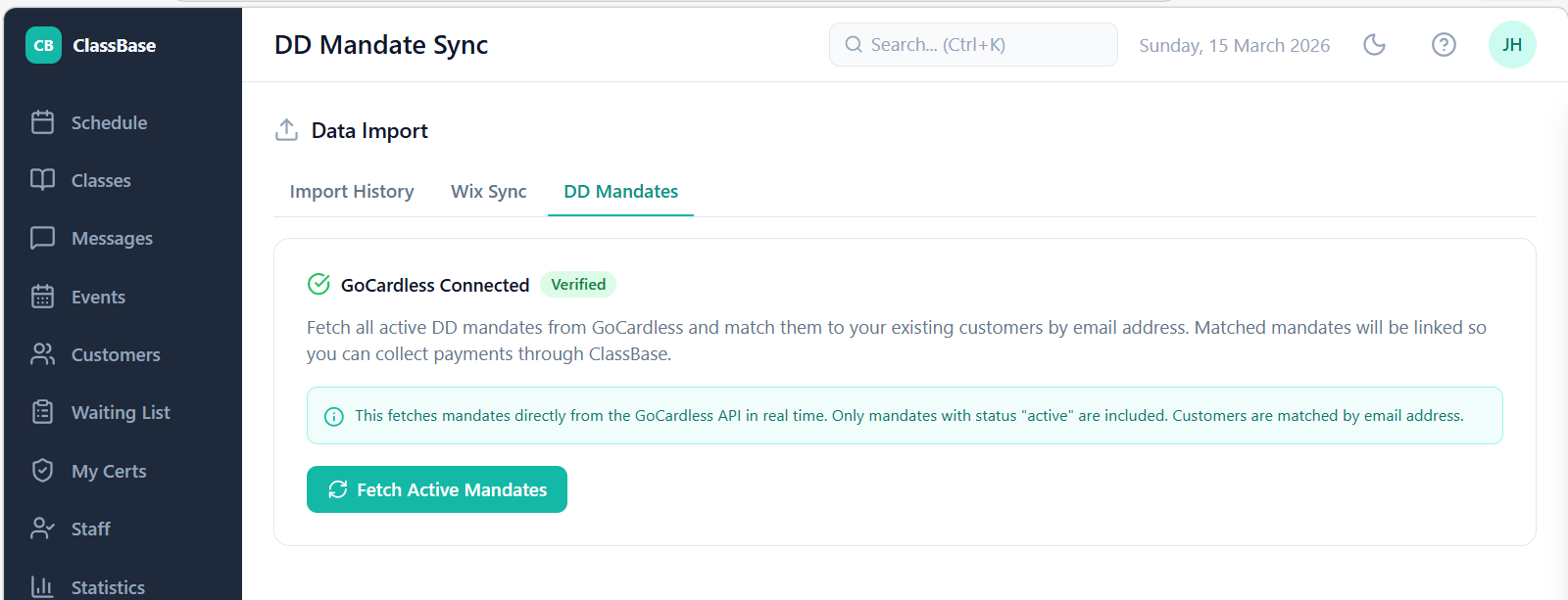 ClassBase DD Mandate Sync — fetch active mandates from GoCardless API