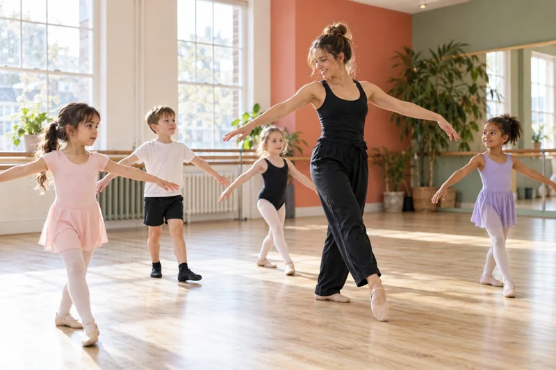 Dance teacher guiding children in a studio