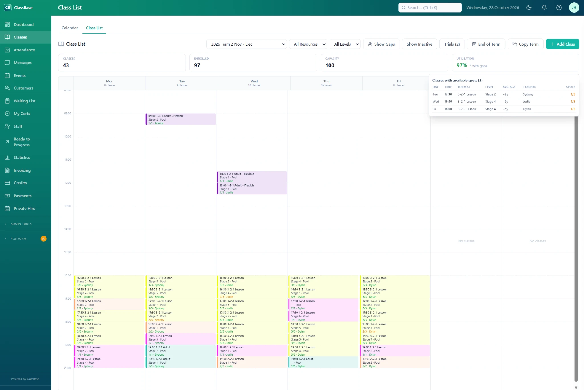 ClassBase office view showing the week's classes and available spaces