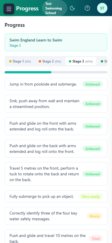 ClassBase parent portal on a phone showing achieved and developing skills