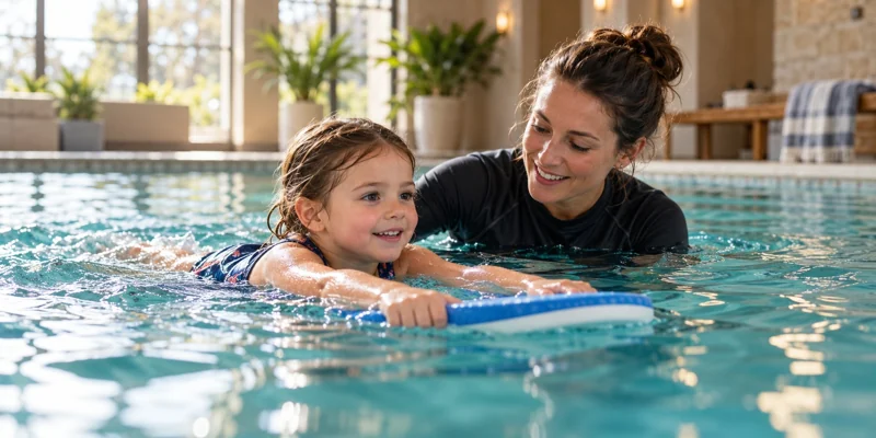 Swimming teacher guiding a young learner at poolside