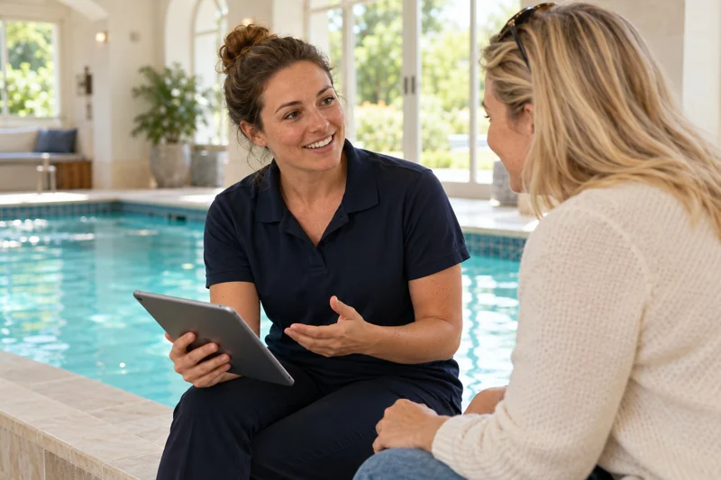 Instructor and parent talking beside a pool