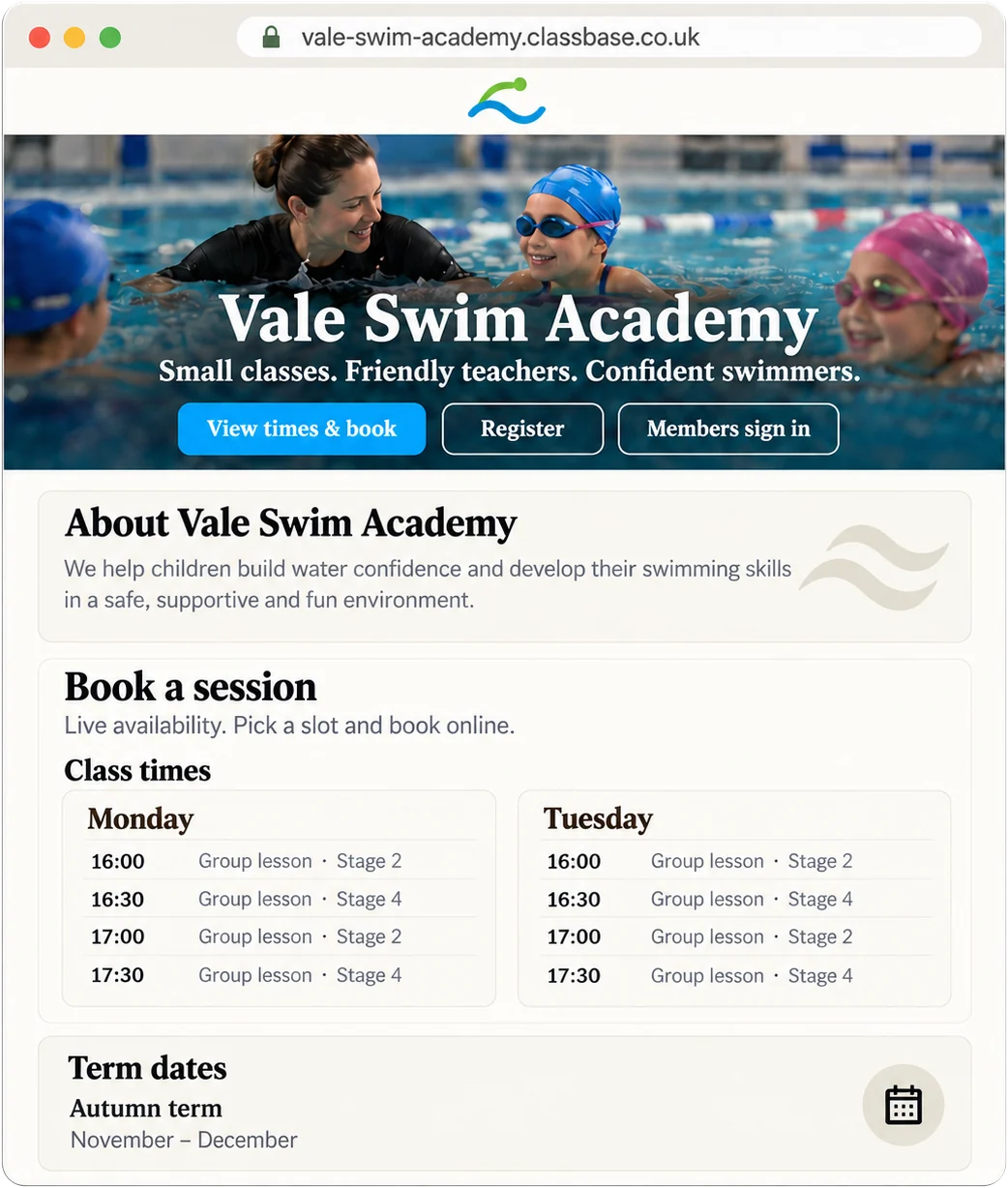 A swim school website built with ClassBase, with class times, term dates and buttons to book, register and sign in