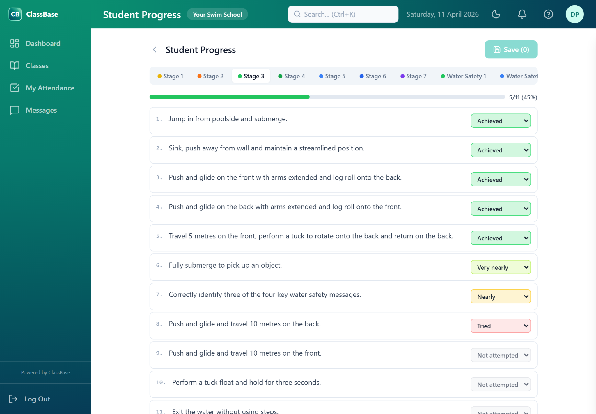 ClassBase teacher screen showing a swimmer's Stage 3 skill assessment