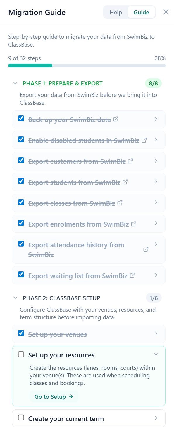ClassBase migration wizard showing step-by-step data import from SwimBiz with progress tracking
