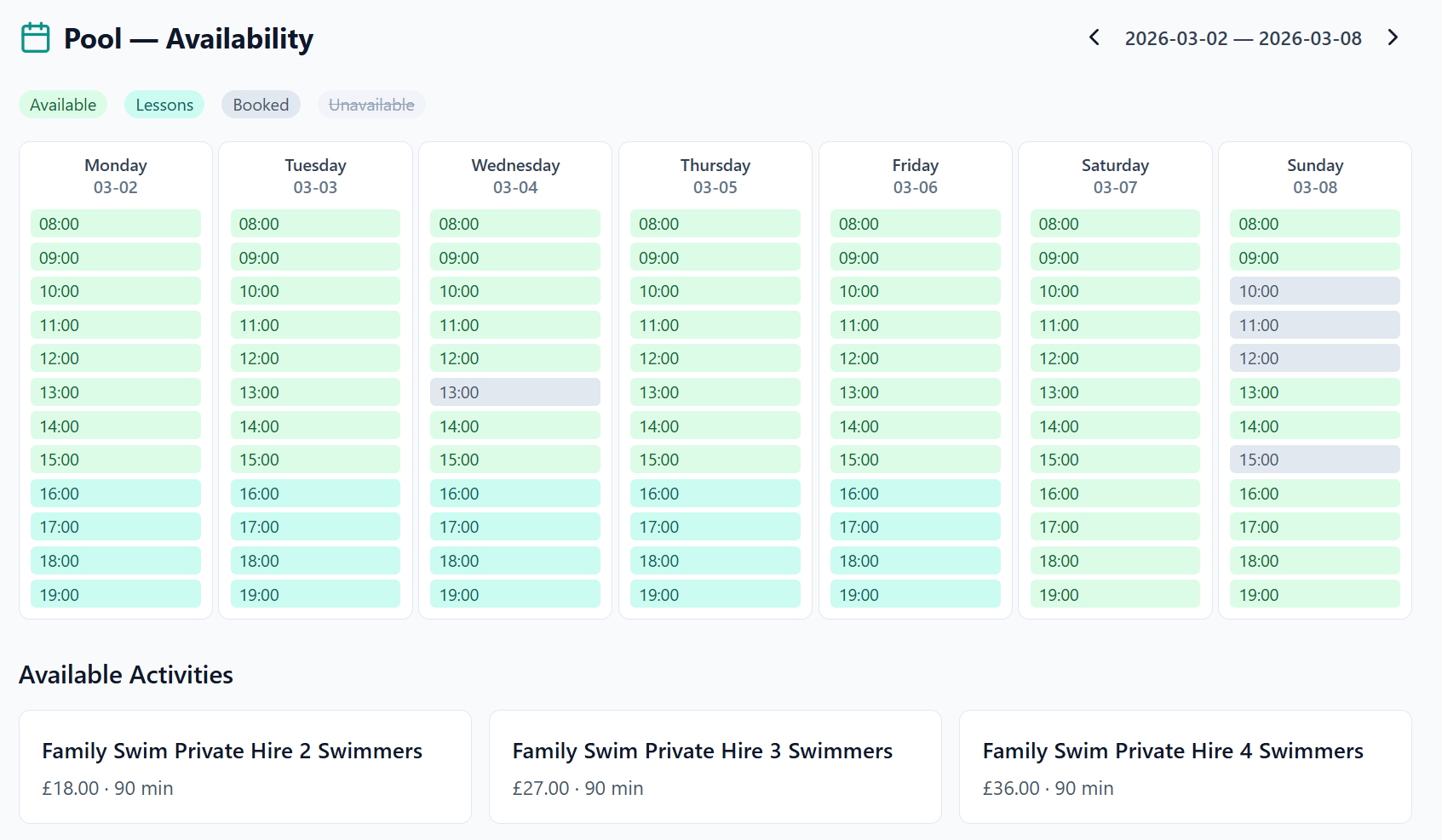 ClassBase public booking calendar showing pool availability and private hire products