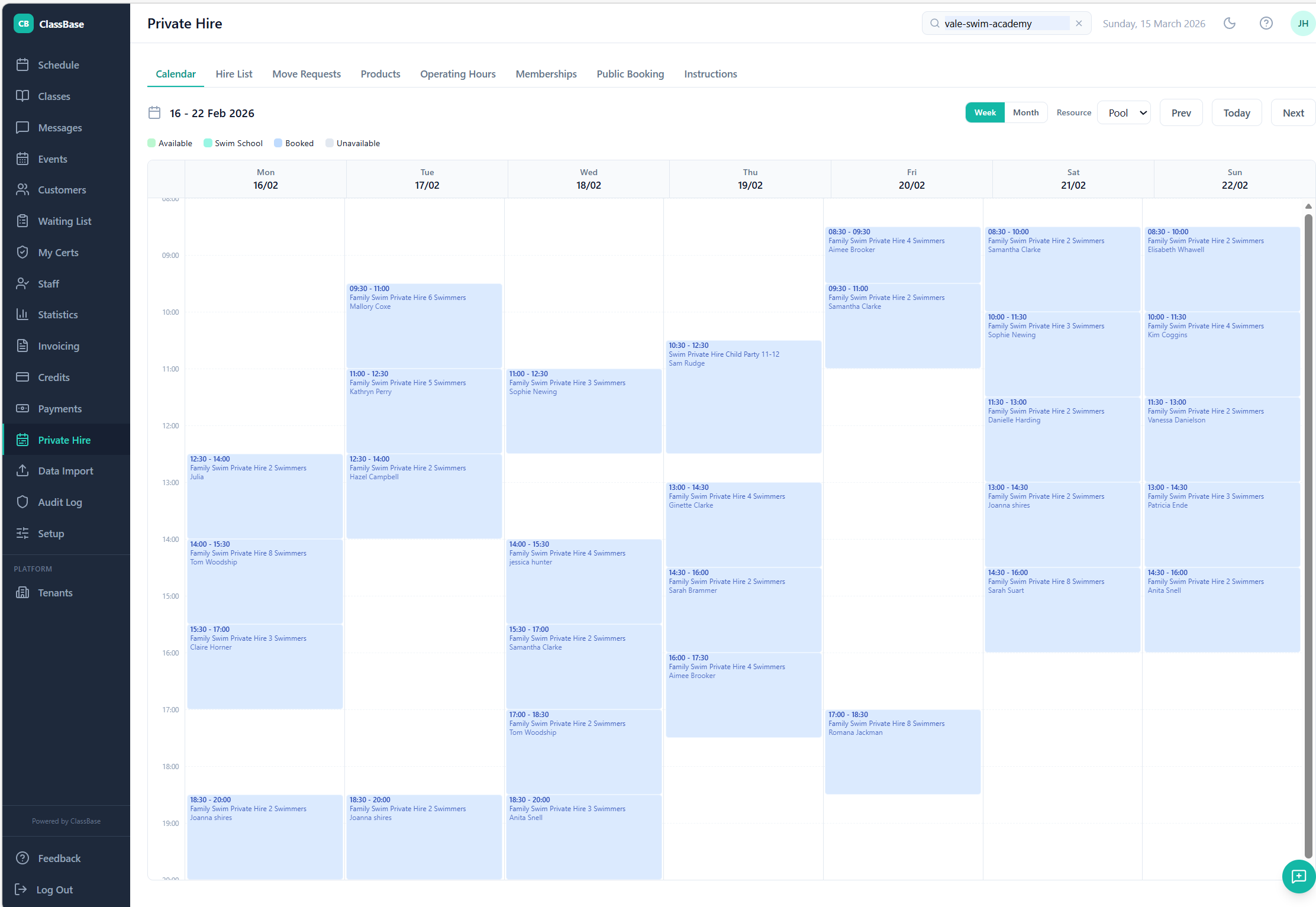 ClassBase private hire booking calendar showing availability and bookings