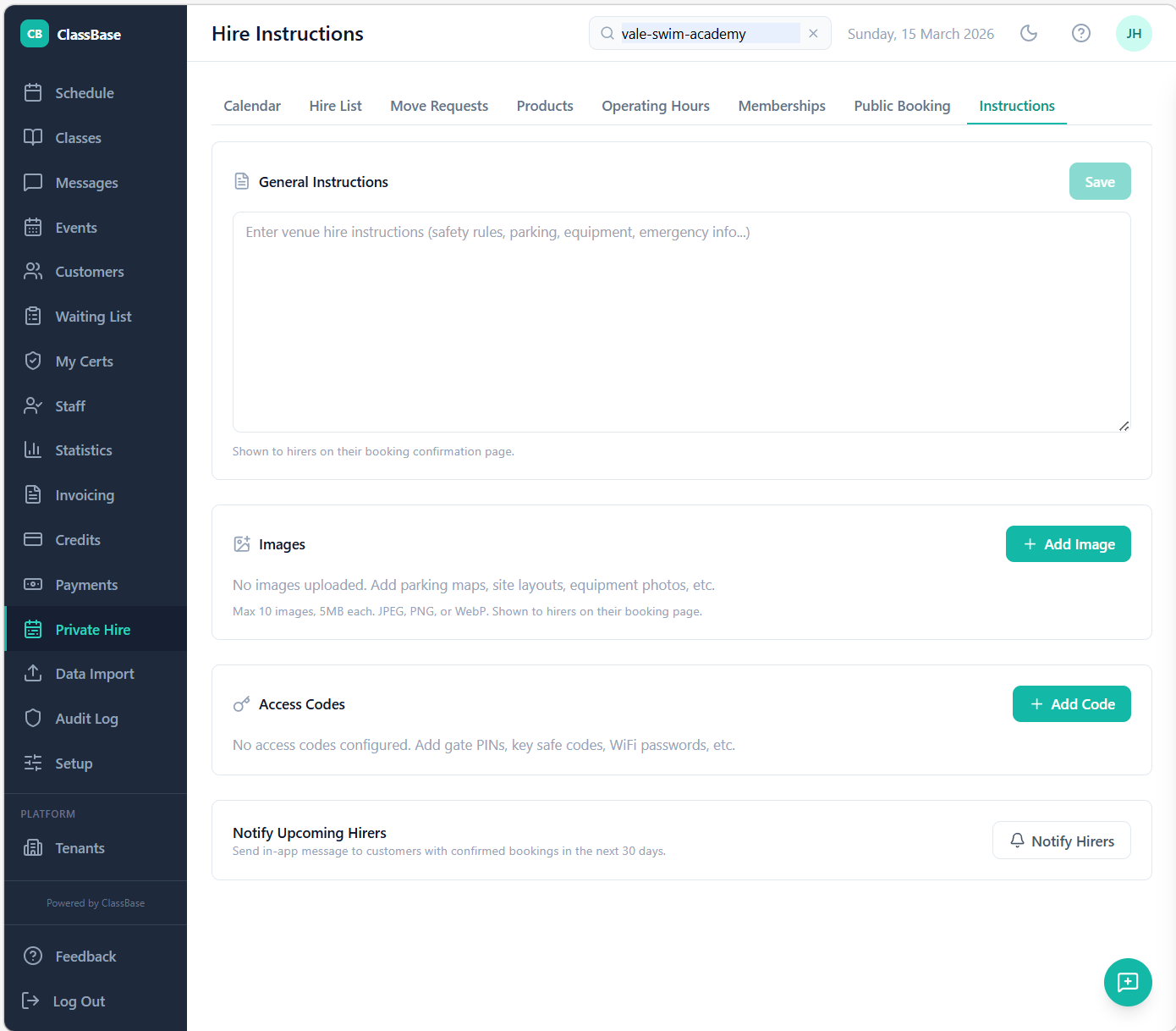 ClassBase hire instructions setup showing access codes, photos, and pool rules that are delivered automatically on booking confirmation