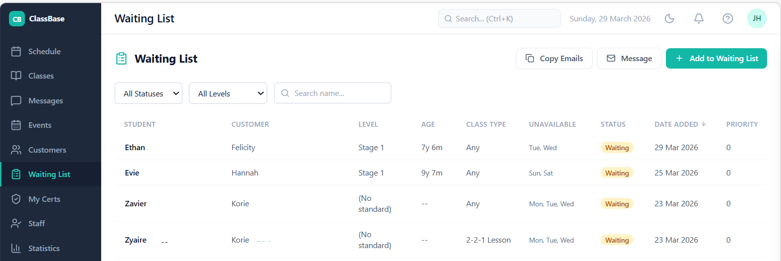 ClassBase intelligent waiting list showing students queued by stage with automatic place offer when a class vacancy opens