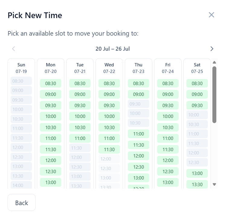 A hirer picking a new time to move their own booking in the ClassBase portal