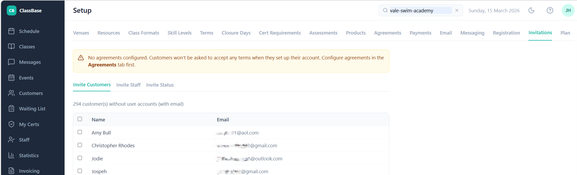 ClassBase Setup Invitations — bulk invite customers with agreements warning