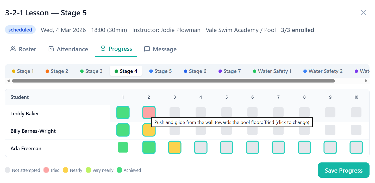 ClassBase skill progress tracking grid showing Swim England stages with colour-coded achievement levels
