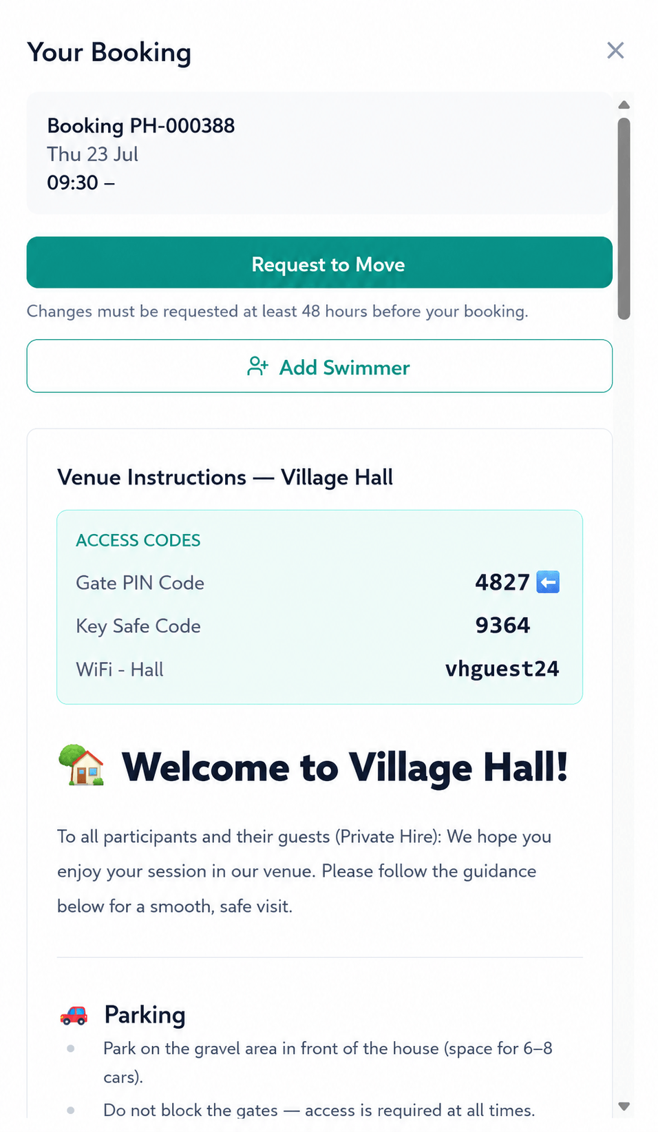 Village hall self-service entry instructions in the customer portal — gate codes and access details shown automatically after payment