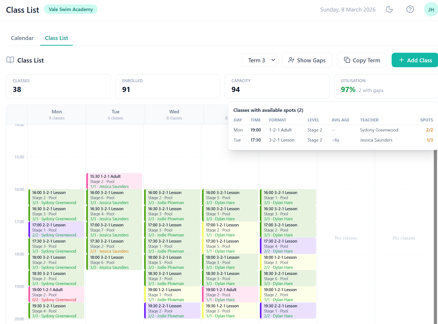 ClassBase weekly class schedule showing colour-coded swim lessons across days with teacher assignments