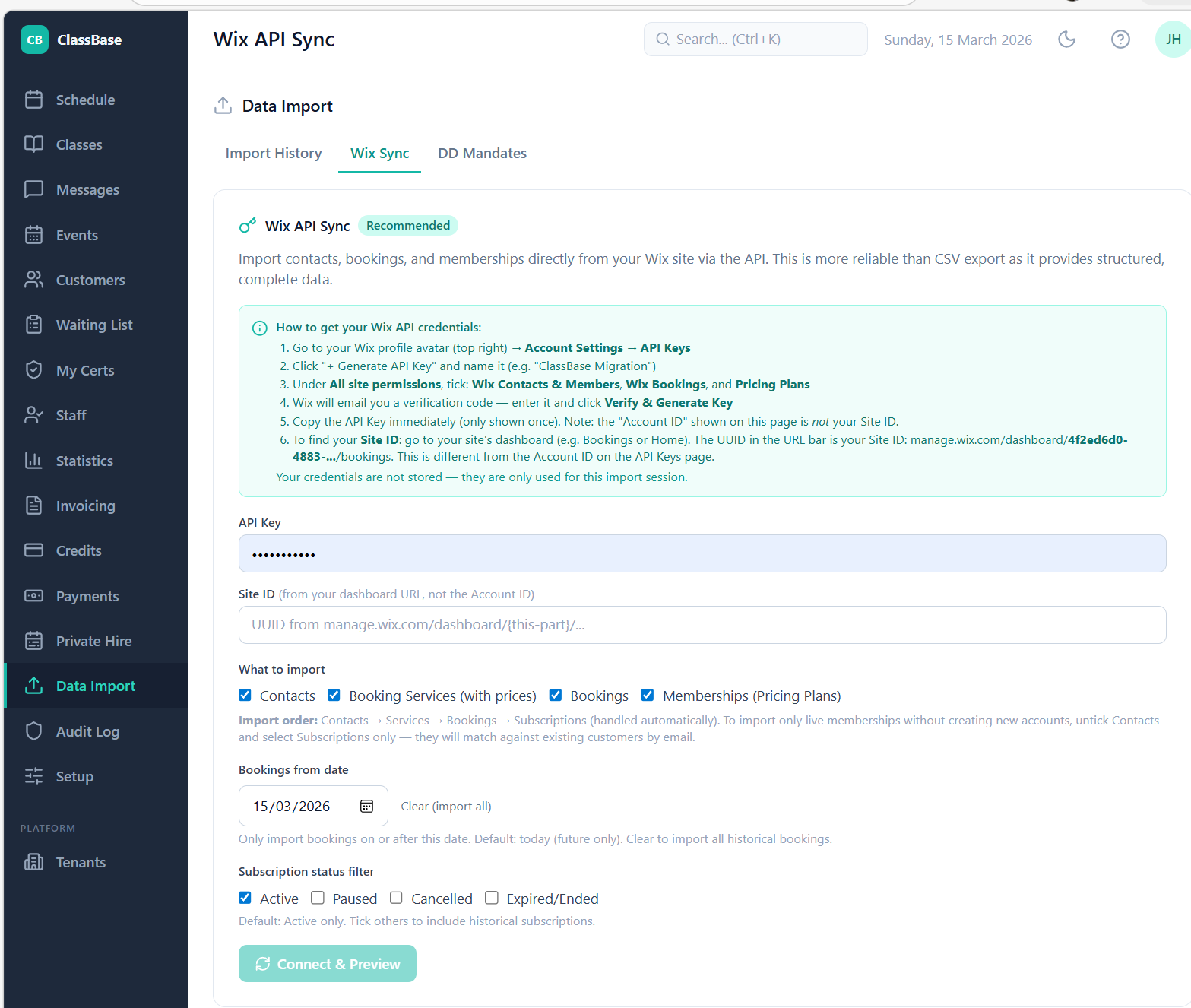 ClassBase Wix API Sync — import contacts, bookings and memberships from Wix